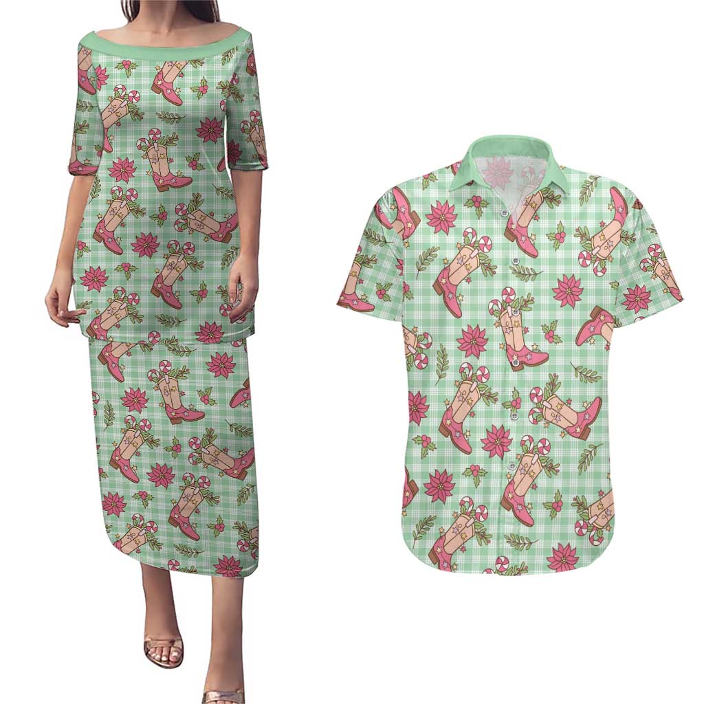 Green Paniolo Palaka Hawaiian Cowgirl Christmas Couples Matching Puletasi and Hawaiian Shirt LT9 Green - Polynesian Pride