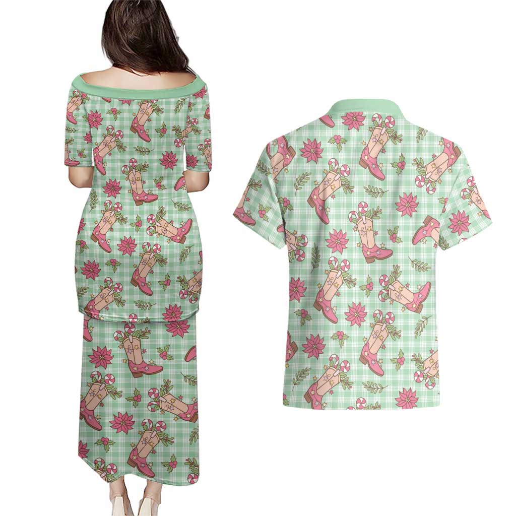 Green Paniolo Palaka Hawaiian Cowgirl Christmas Couples Matching Puletasi and Hawaiian Shirt LT9 - Polynesian Pride