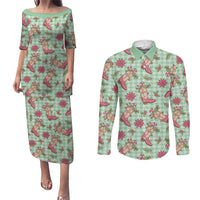 Green Paniolo Palaka Hawaiian Cowgirl Christmas Couples Matching Puletasi and Long Sleeve Button Shirt - Polynesian Pride