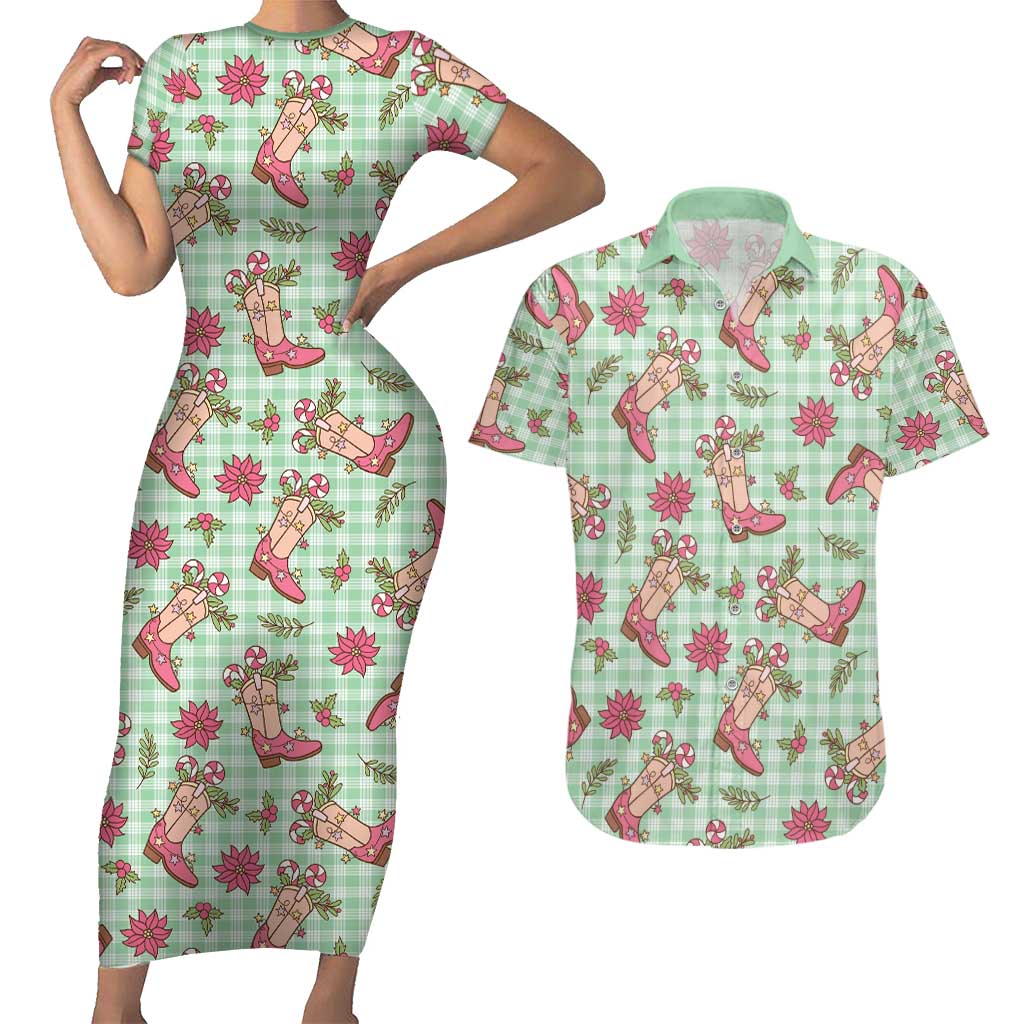 Green Paniolo Palaka Hawaiian Cowgirl Christmas Couples Matching Short Sleeve Bodycon Dress and Hawaiian Shirt LT9 Green - Polynesian Pride