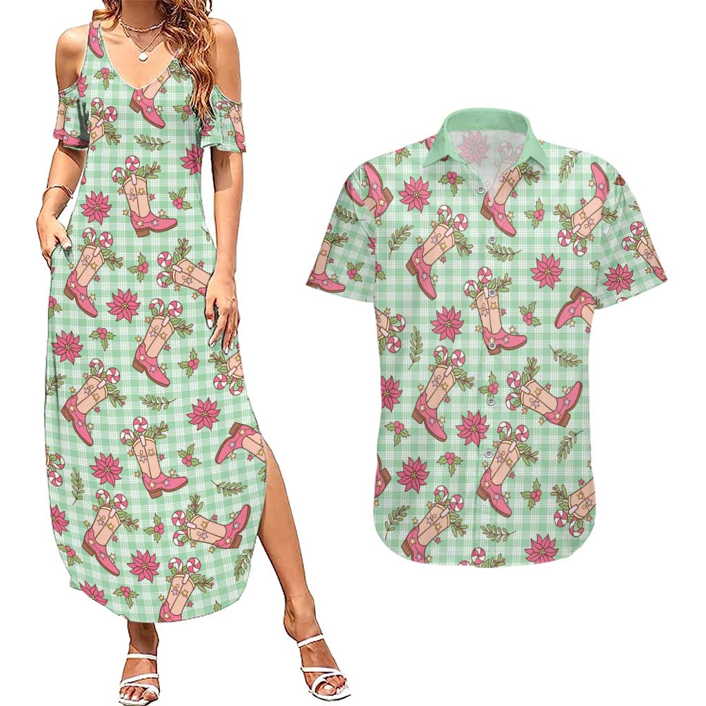 Green Paniolo Palaka Hawaiian Cowgirl Christmas Couples Matching Summer Maxi Dress and Hawaiian Shirt LT9 Green - Polynesian Pride
