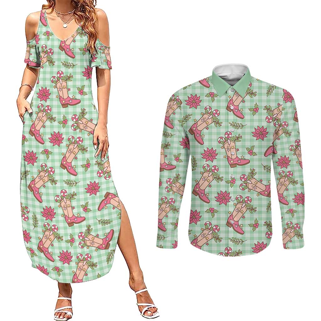 Green Paniolo Palaka Hawaiian Cowgirl Christmas Couples Matching Summer Maxi Dress and Long Sleeve Button Shirt LT9 Green - Polynesian Pride