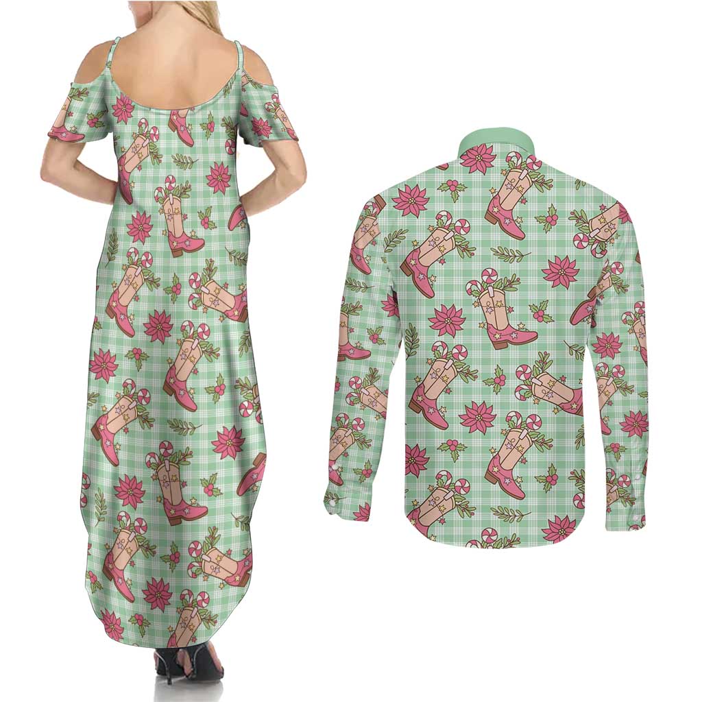 Green Paniolo Palaka Hawaiian Cowgirl Christmas Couples Matching Summer Maxi Dress and Long Sleeve Button Shirt LT9 - Polynesian Pride