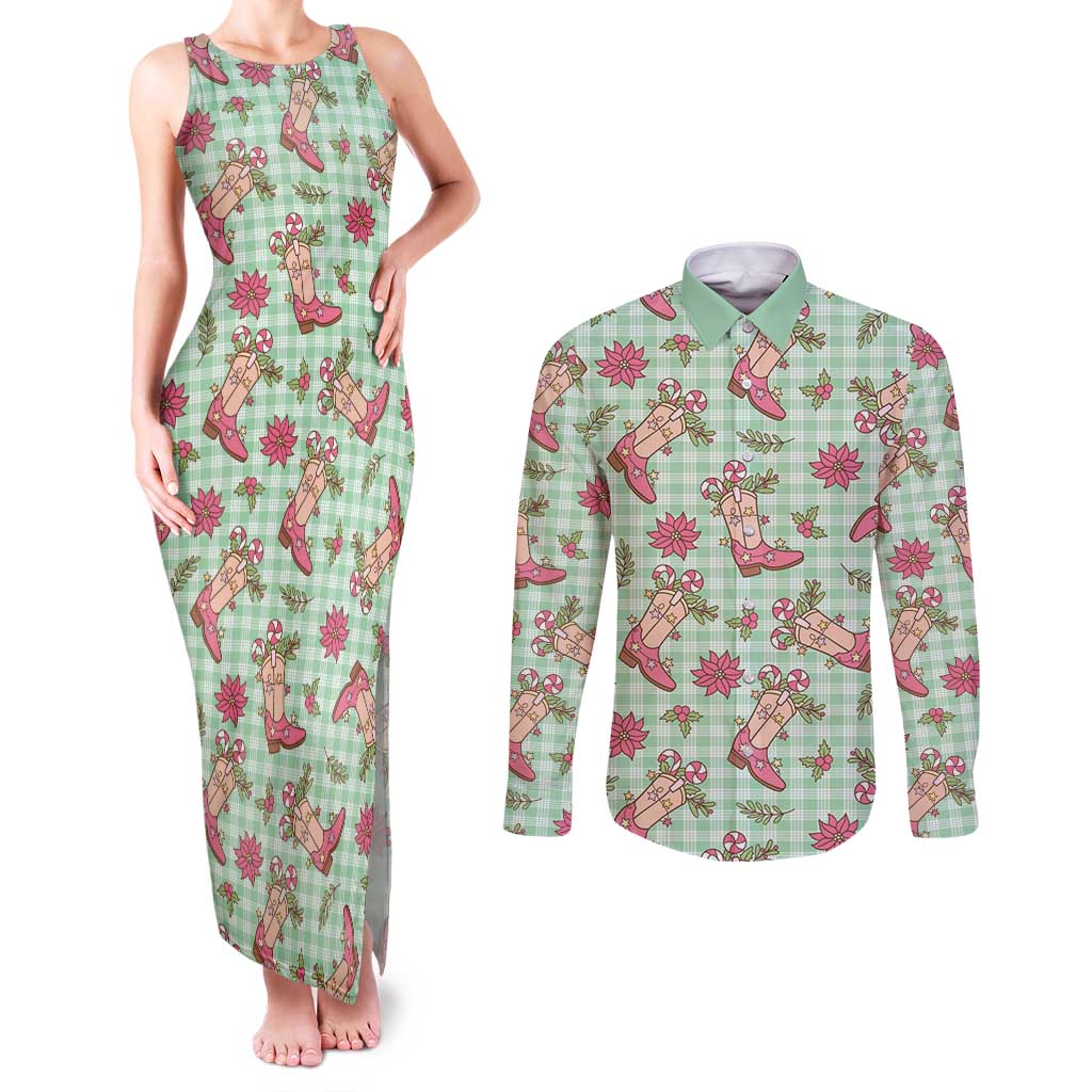 Green Paniolo Palaka Hawaiian Cowgirl Christmas Couples Matching Tank Maxi Dress and Long Sleeve Button Shirt LT9 Green - Polynesian Pride