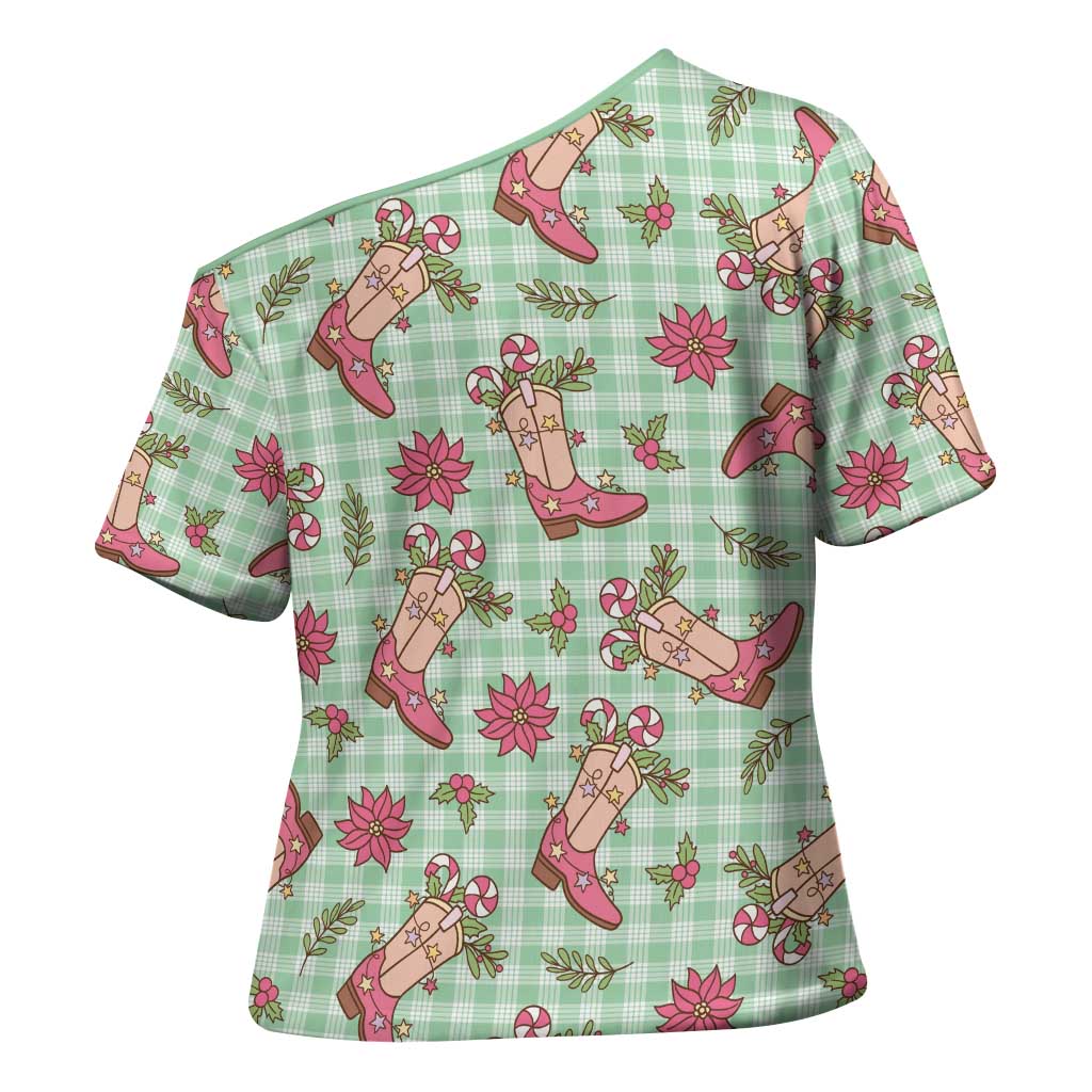 Green Paniolo Palaka Hawaiian Cowgirl Christmas Cross Shoulder Shirt - Polynesian Pride