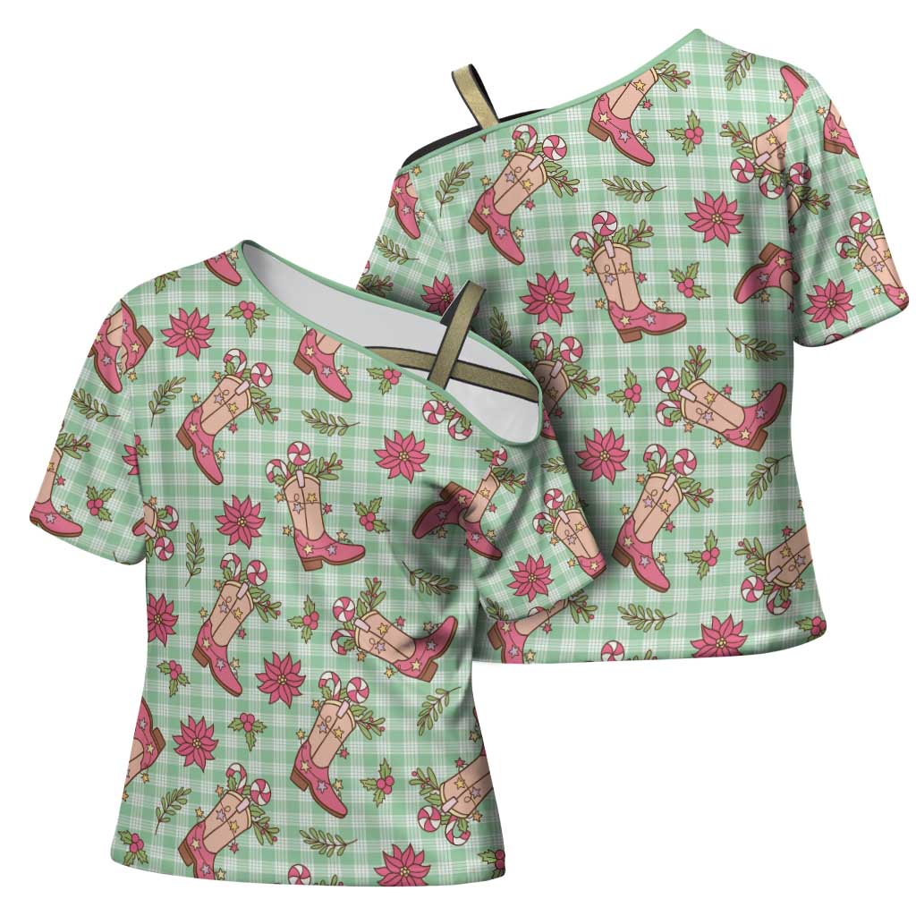 Green Paniolo Palaka Hawaiian Cowgirl Christmas Cross Shoulder Shirt - Polynesian Pride
