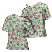 Green Paniolo Palaka Hawaiian Cowgirl Christmas Cross Shoulder Shirt - Polynesian Pride