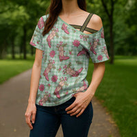 Green Paniolo Palaka Hawaiian Cowgirl Christmas Cross Shoulder Shirt - Polynesian Pride