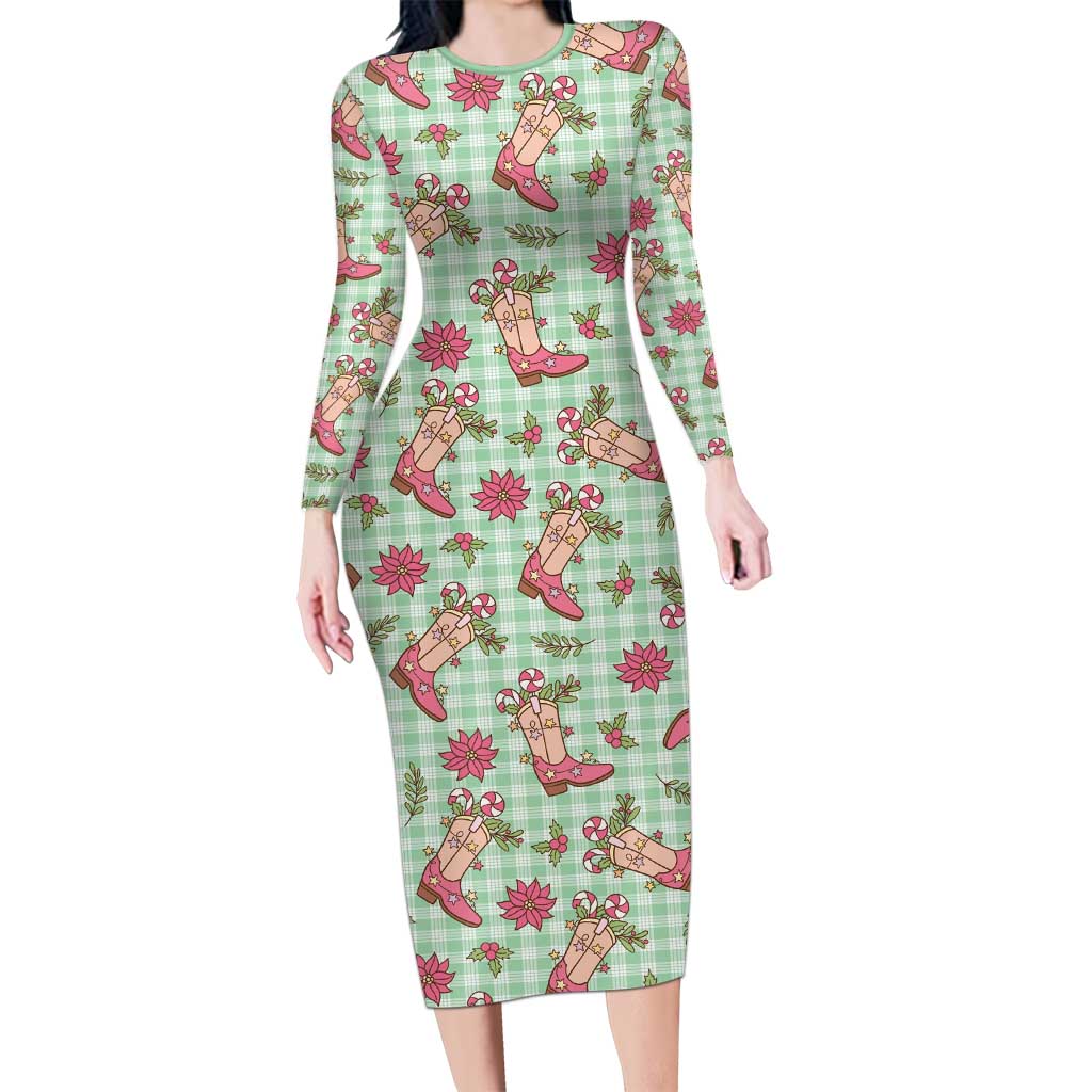 Green Paniolo Palaka Hawaiian Cowgirl Christmas Family Matching Long Sleeve Bodycon Dress and Hawaiian Shirt LT9 Mom's Dress Green - Polynesian Pride