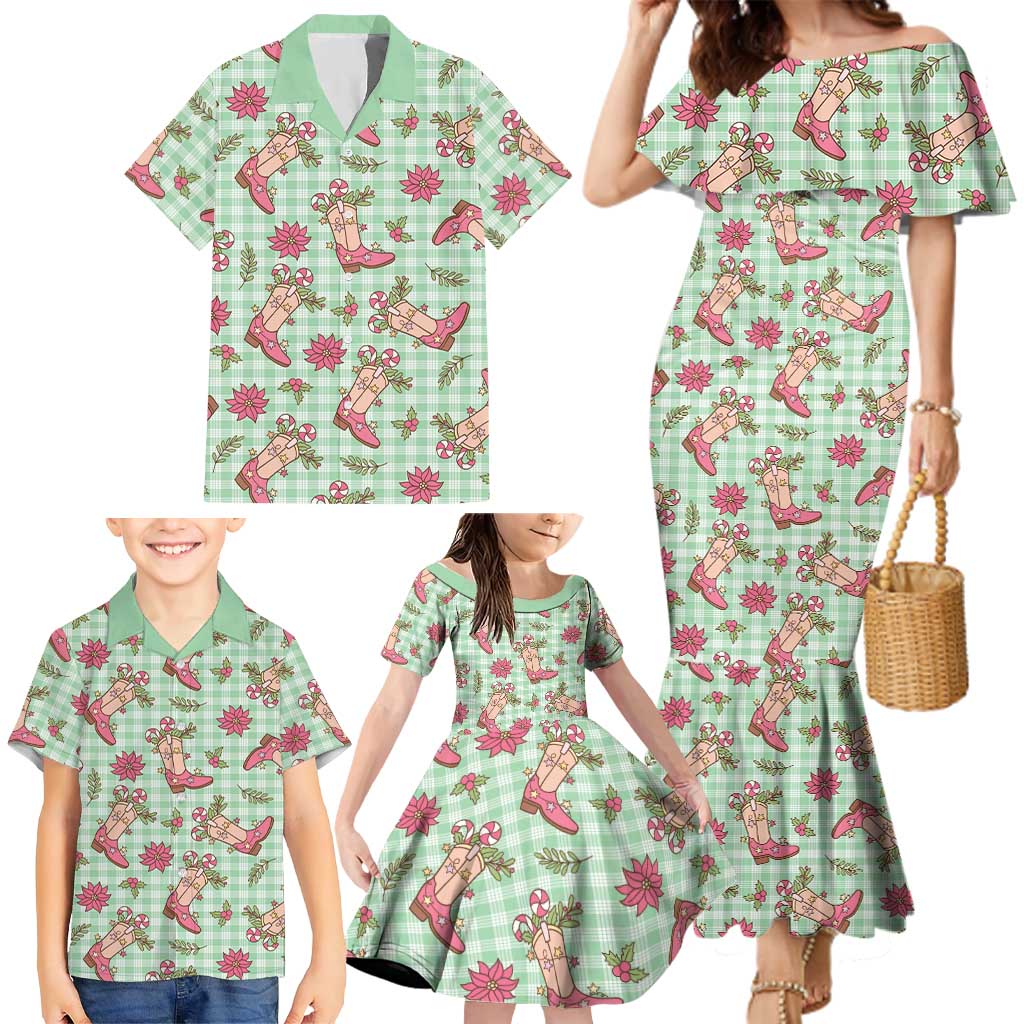 Green Paniolo Palaka Hawaiian Cowgirl Christmas Family Matching Mermaid Dress and Hawaiian Shirt - Polynesian Pride