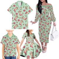 Green Paniolo Palaka Hawaiian Cowgirl Christmas Family Matching Off The Shoulder Long Sleeve Dress and Hawaiian Shirt LT9 - Polynesian Pride