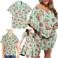 Green Paniolo Palaka Hawaiian Cowgirl Christmas Family Matching Off Shoulder Short Dress and Hawaiian Shirt LT9 - Polynesian Pride