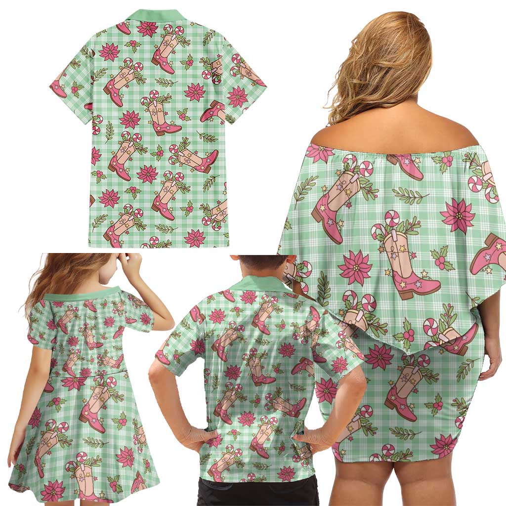 Green Paniolo Palaka Hawaiian Cowgirl Christmas Family Matching Off Shoulder Short Dress and Hawaiian Shirt LT9 - Polynesian Pride