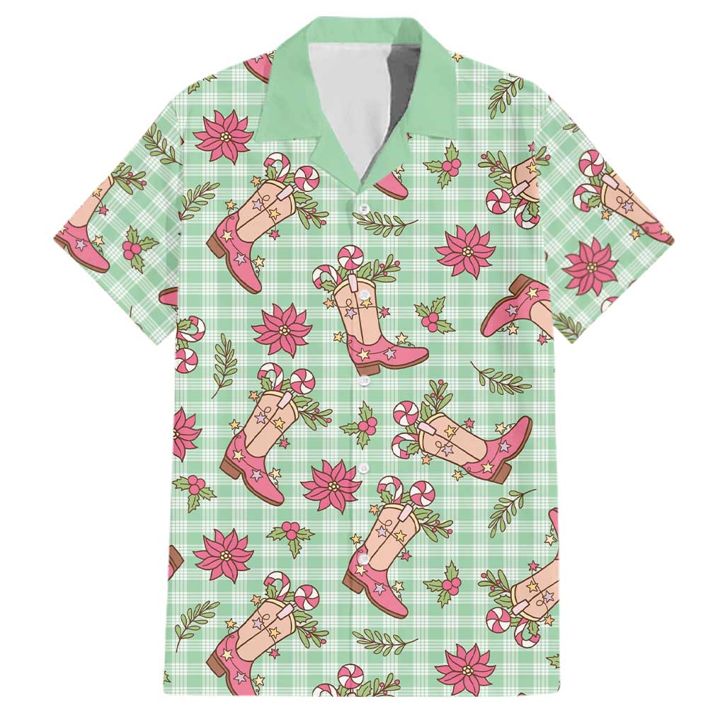 Green Paniolo Palaka Hawaiian Cowgirl Christmas Family Matching Off Shoulder Short Dress and Hawaiian Shirt LT9 Dad's Shirt - Short Sleeve Green - Polynesian Pride