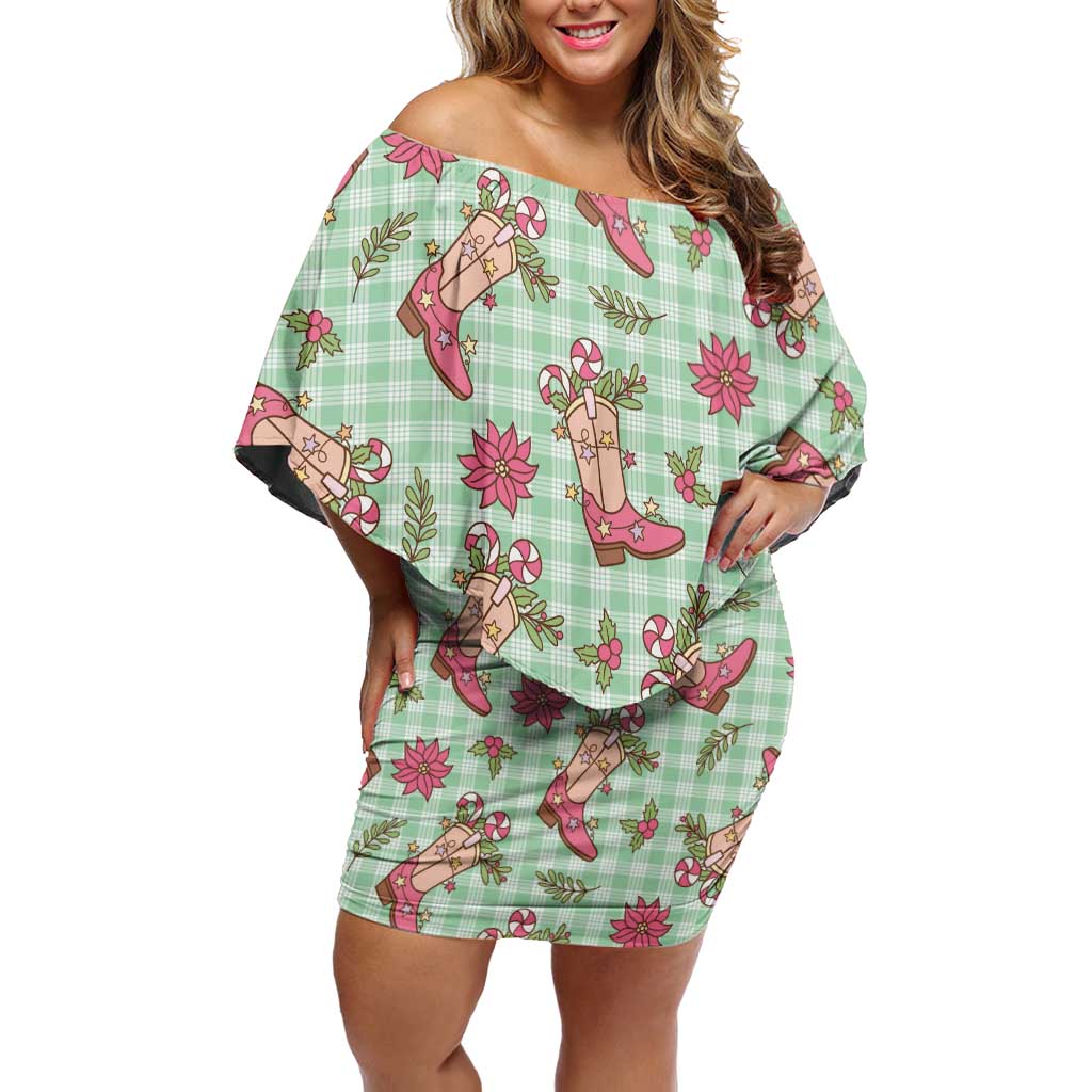 Green Paniolo Palaka Hawaiian Cowgirl Christmas Family Matching Off Shoulder Short Dress and Hawaiian Shirt LT9 Mom's Dress Green - Polynesian Pride