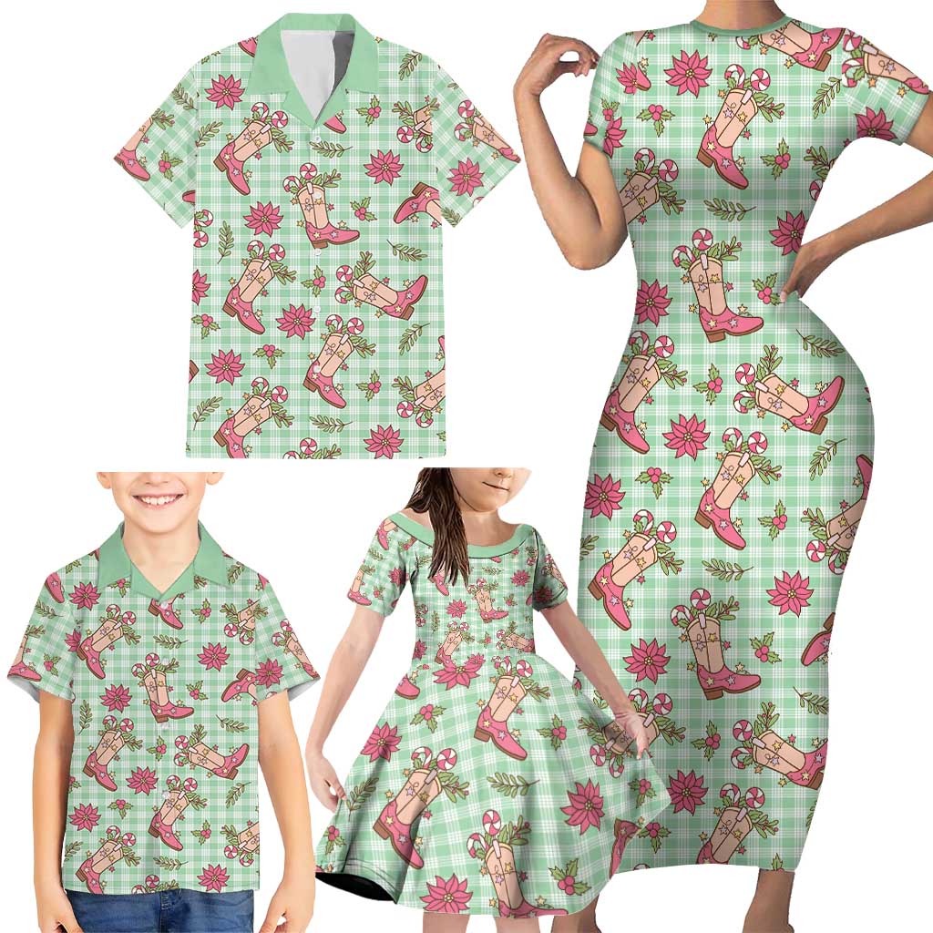Green Paniolo Palaka Hawaiian Cowgirl Christmas Family Matching Short Sleeve Bodycon Dress and Hawaiian Shirt - Polynesian Pride