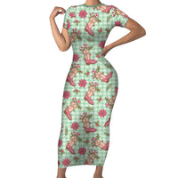 Green Paniolo Palaka Hawaiian Cowgirl Christmas Family Matching Short Sleeve Bodycon Dress and Hawaiian Shirt LT9 Mom's Dress Green - Polynesian Pride