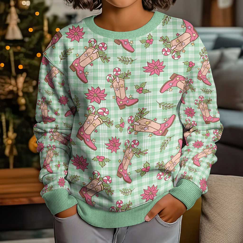 Green Paniolo Palaka Hawaiian Cowgirl Christmas Kid Ugly Christmas Sweater - Polynesian Pride