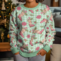 Green Paniolo Palaka Hawaiian Cowgirl Christmas Kid Ugly Christmas Sweater - Polynesian Pride