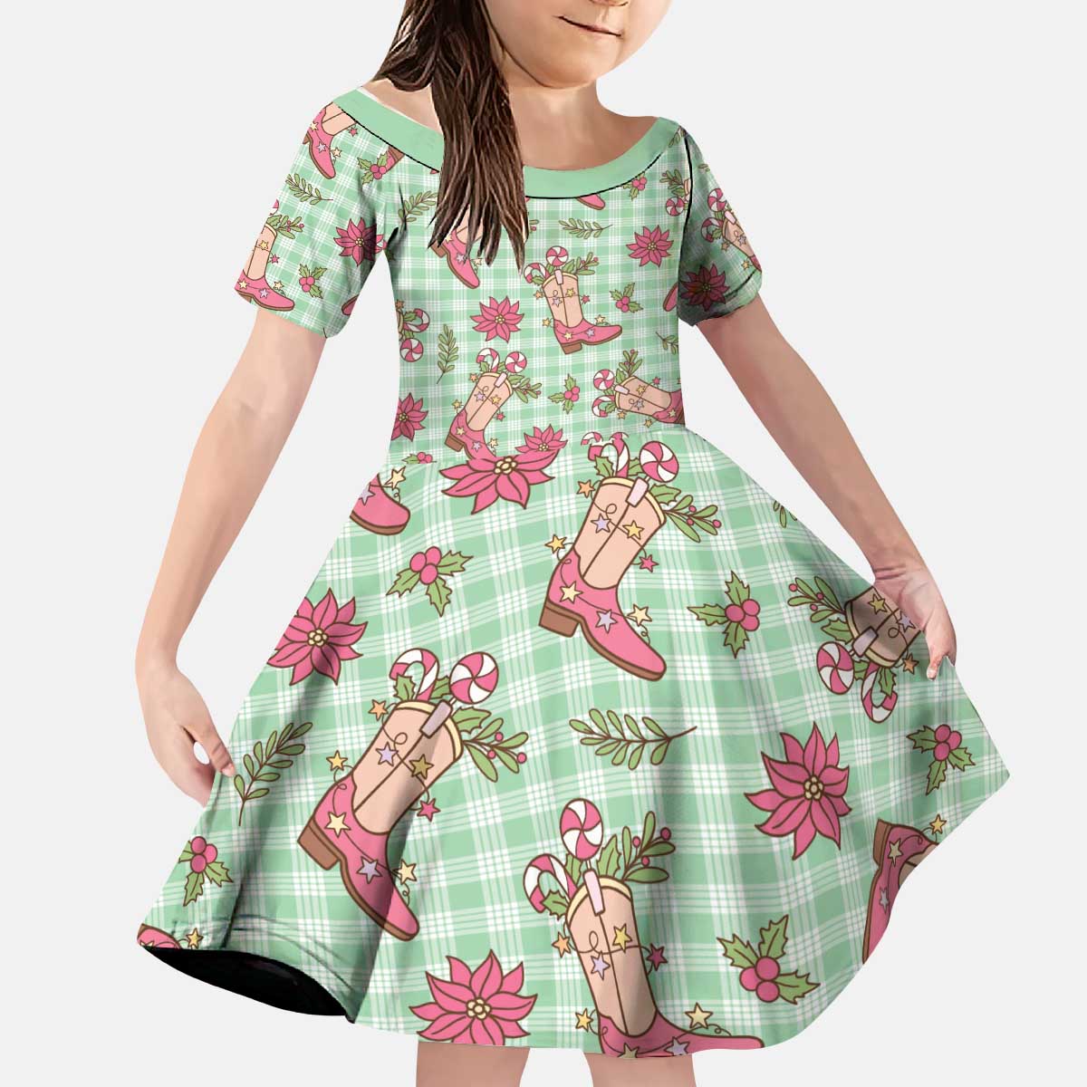 Green Paniolo Palaka Hawaiian Cowgirl Christmas Kid Short Sleeve Dress - Polynesian Pride