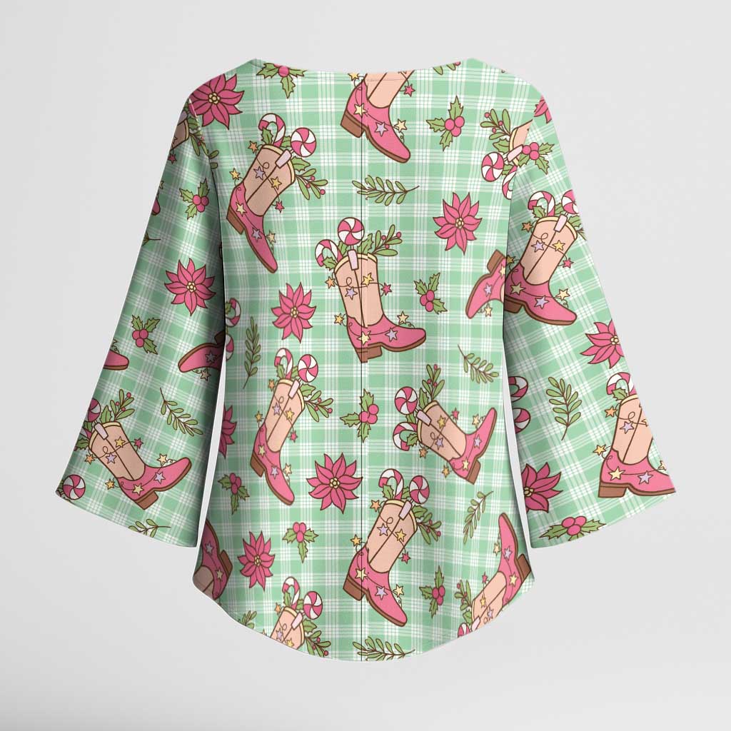 Green Paniolo Palaka Hawaiian Cowgirl Christmas Kimono Sleeve Blouse LT9 - Polynesian Pride