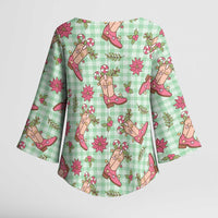 Green Paniolo Palaka Hawaiian Cowgirl Christmas Kimono Sleeve Blouse LT9 - Polynesian Pride