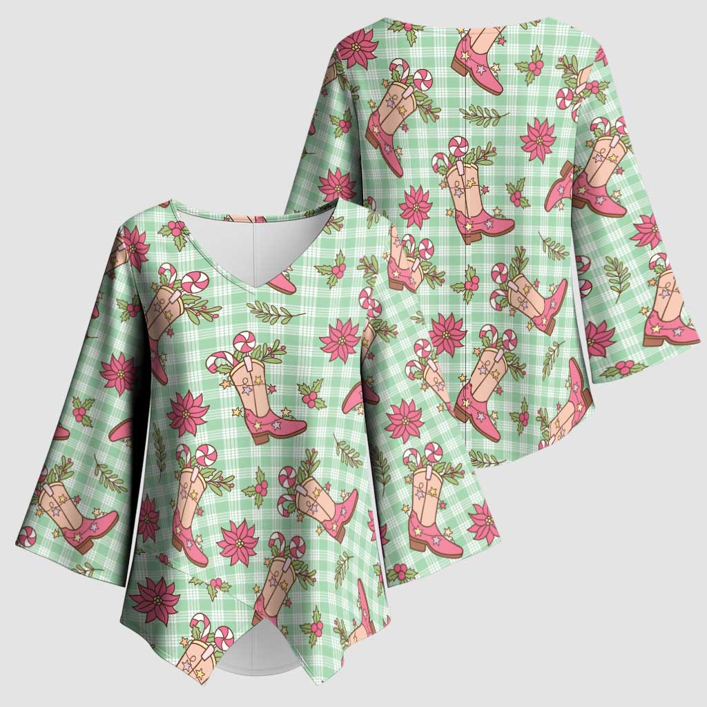 Green Paniolo Palaka Hawaiian Cowgirl Christmas Kimono Sleeve Blouse LT9 - Polynesian Pride