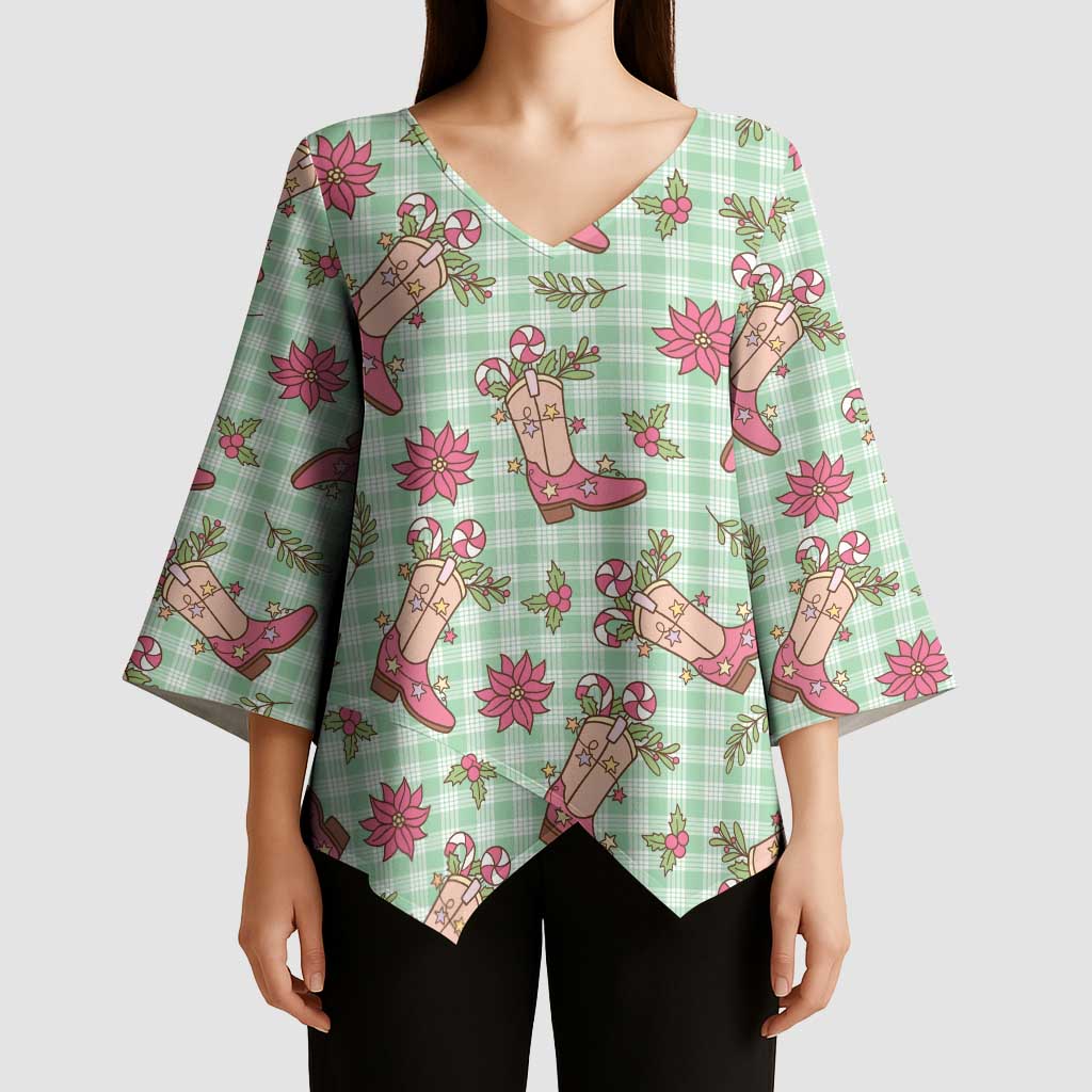 Green Paniolo Palaka Hawaiian Cowgirl Christmas Kimono Sleeve Blouse LT9 - Polynesian Pride