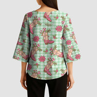 Green Paniolo Palaka Hawaiian Cowgirl Christmas Kimono Sleeve Blouse LT9 - Polynesian Pride
