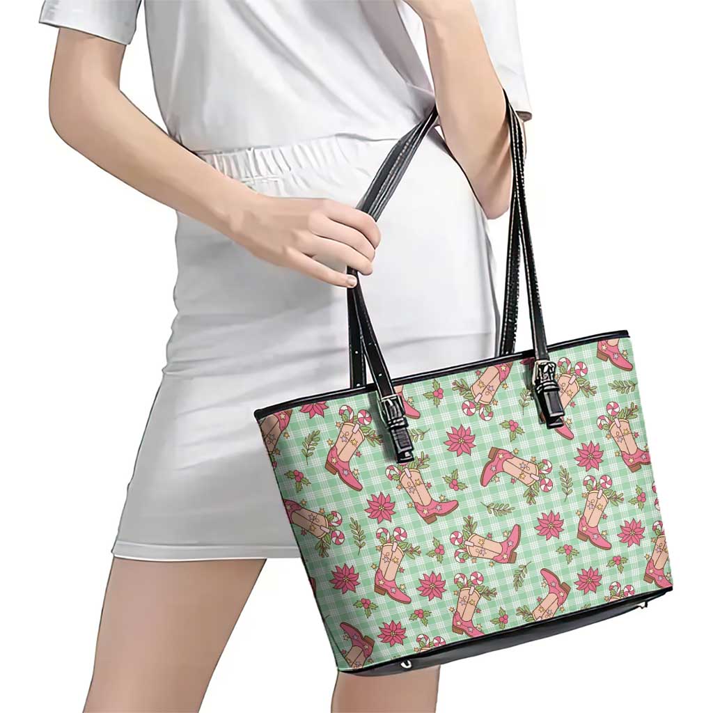 Green Paniolo Palaka Hawaiian Cowgirl Christmas Leather Tote Bag - Polynesian Pride