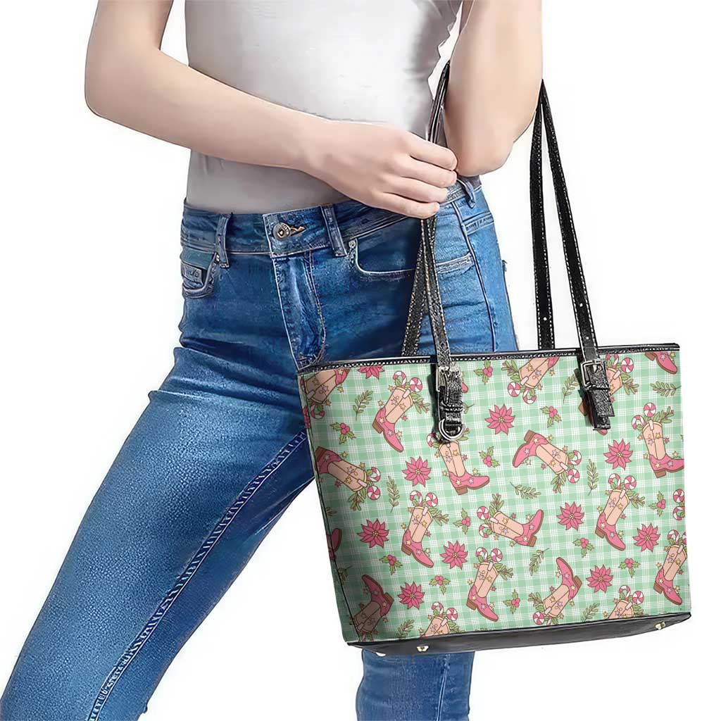 Green Paniolo Palaka Hawaiian Cowgirl Christmas Leather Tote Bag - Polynesian Pride