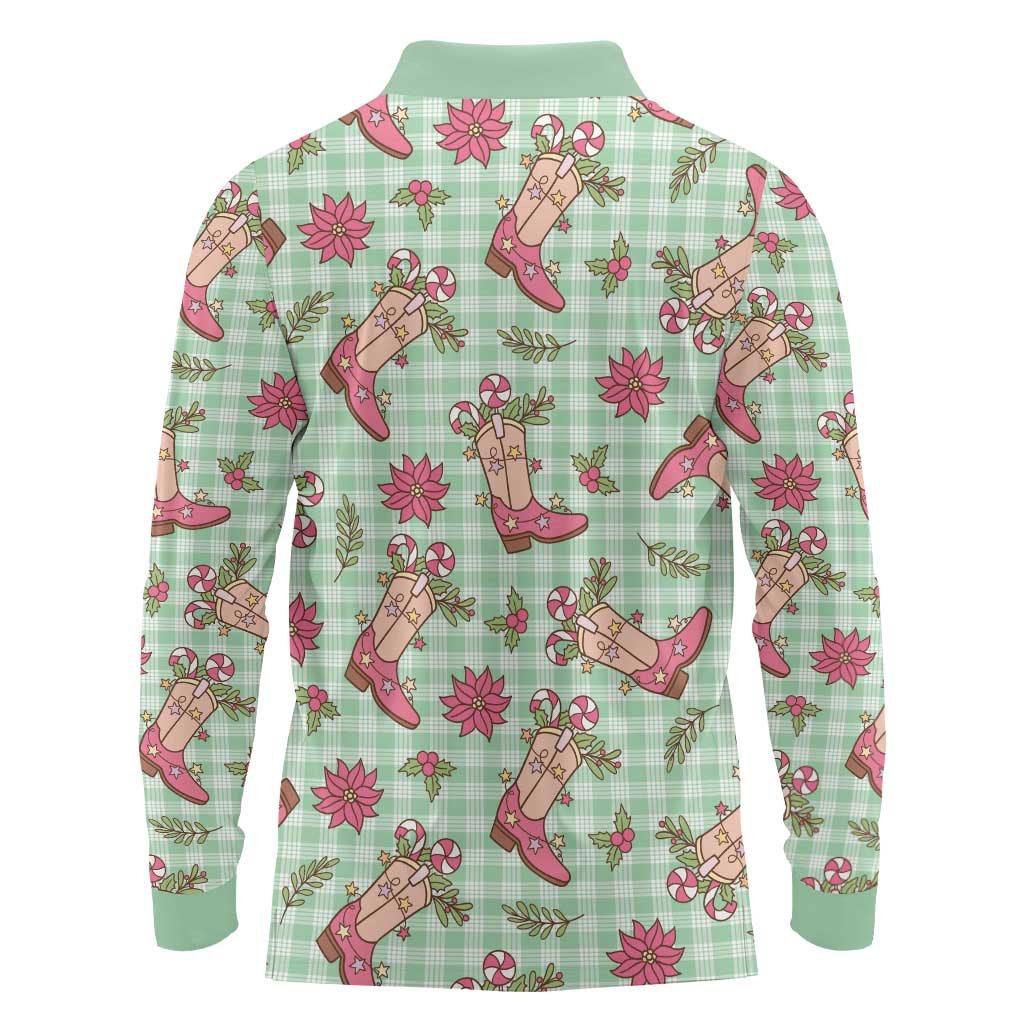 Green Paniolo Palaka Hawaiian Cowgirl Christmas Long Sleeve Polo Shirt - Polynesian Pride