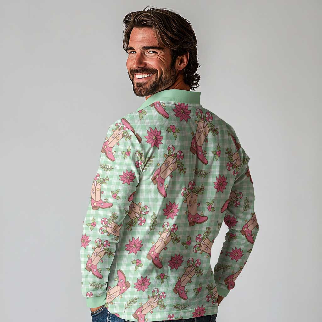 Green Paniolo Palaka Hawaiian Cowgirl Christmas Long Sleeve Polo Shirt - Polynesian Pride