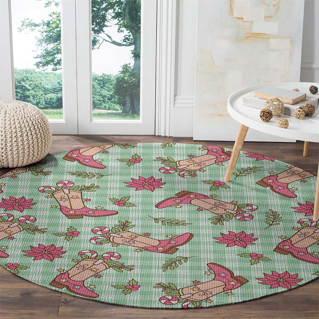 Green Paniolo Palaka Hawaiian Cowgirl Christmas Round Carpet - Polynesian Pride