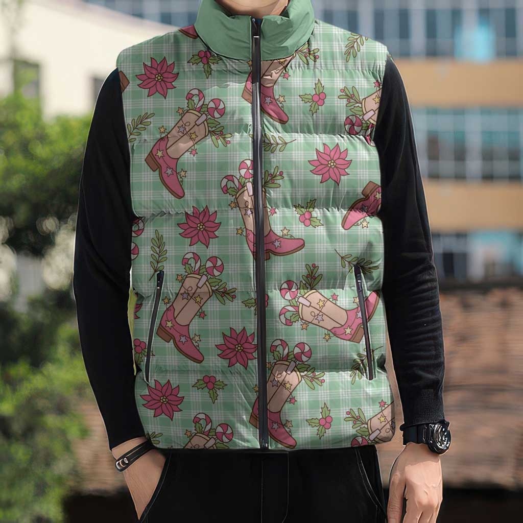 Green Paniolo Palaka Hawaiian Cowgirl Christmas Sleeveless Puffer Jacket - Polynesian Pride