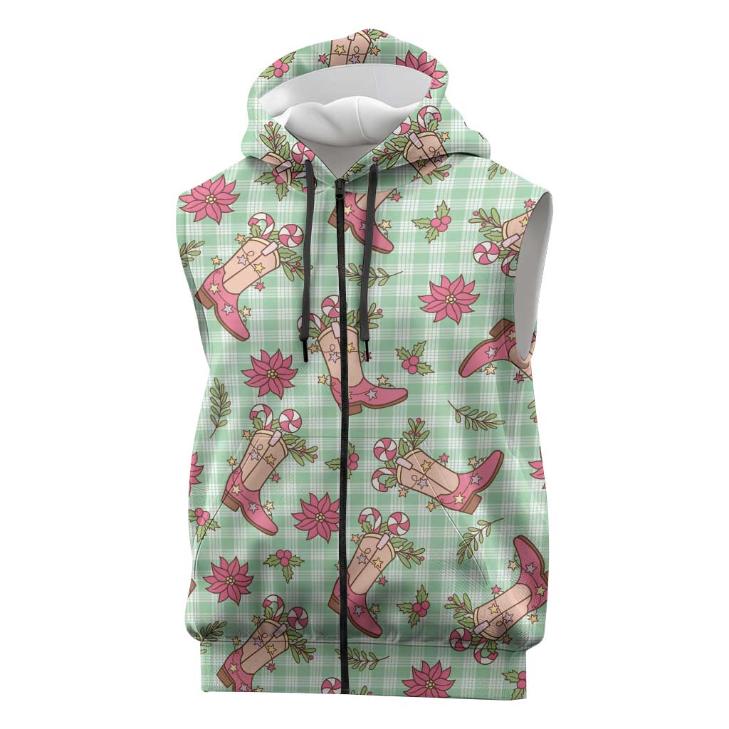 Green Paniolo Palaka Hawaiian Cowgirl Christmas Sleeveless Zip Hoodie - Polynesian Pride