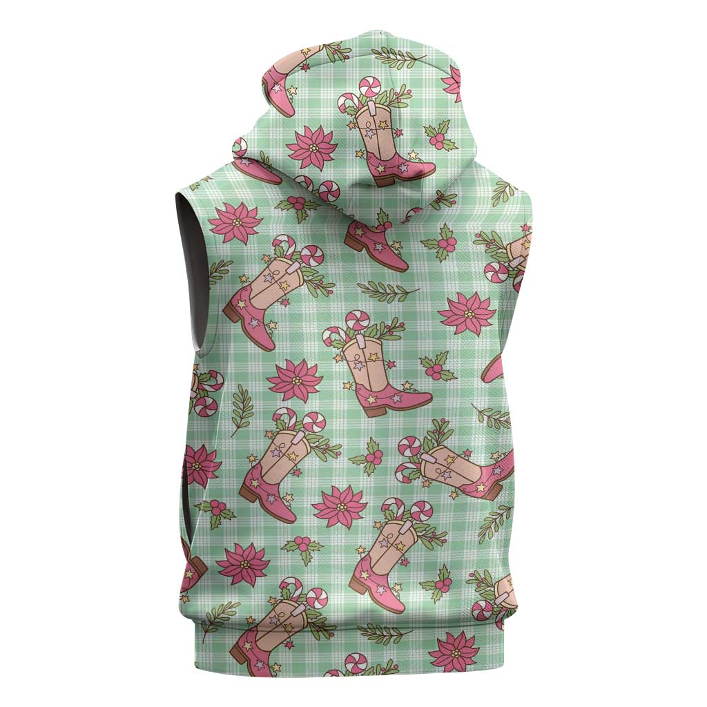 Green Paniolo Palaka Hawaiian Cowgirl Christmas Sleeveless Zip Hoodie - Polynesian Pride