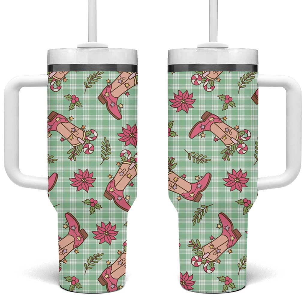 Green Paniolo Palaka Hawaiian Cowgirl Christmas Tumbler With Handle - Polynesian Pride