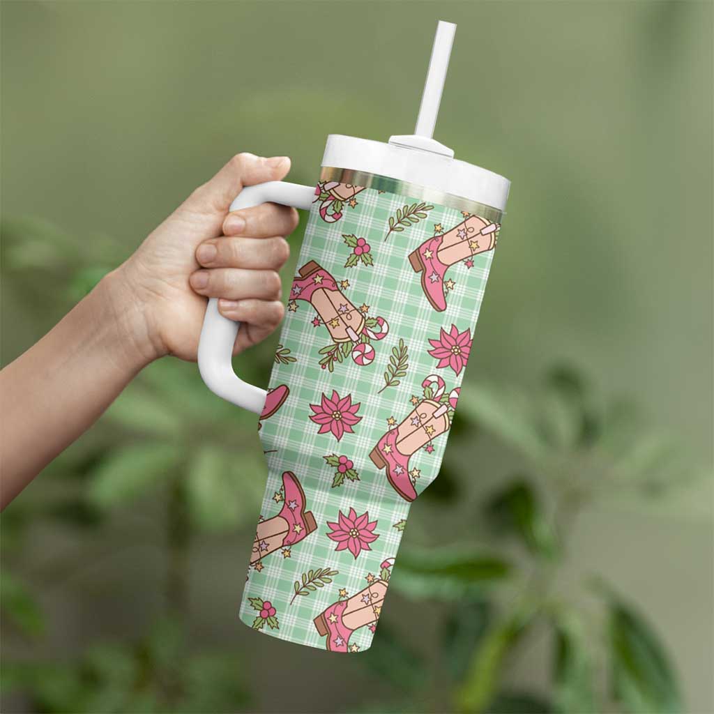 Green Paniolo Palaka Hawaiian Cowgirl Christmas Tumbler With Handle - Polynesian Pride