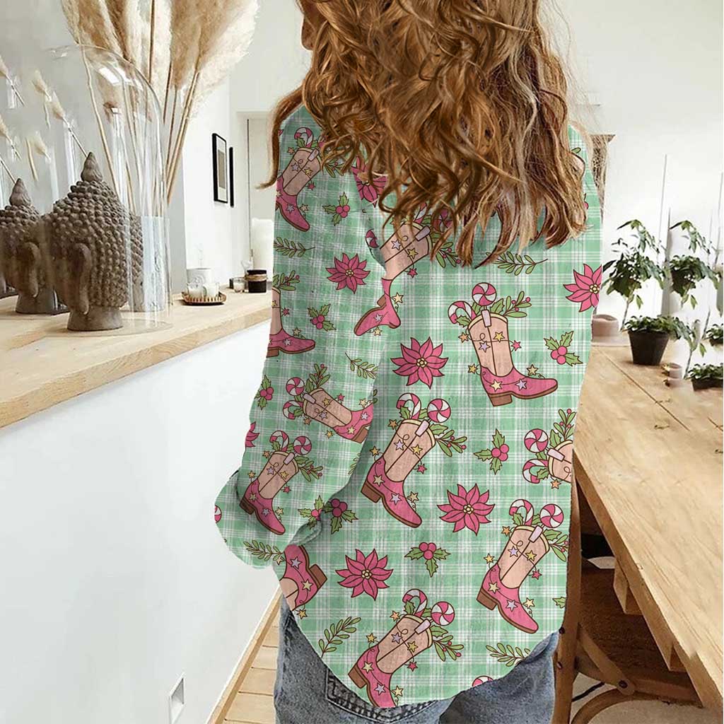 Green Paniolo Palaka Hawaiian Cowgirl Christmas Women Casual Shirt LT9 - Polynesian Pride