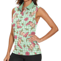 Green Paniolo Palaka Hawaiian Cowgirl Christmas Women Sleeveless Polo Shirt LT9 - Polynesian Pride