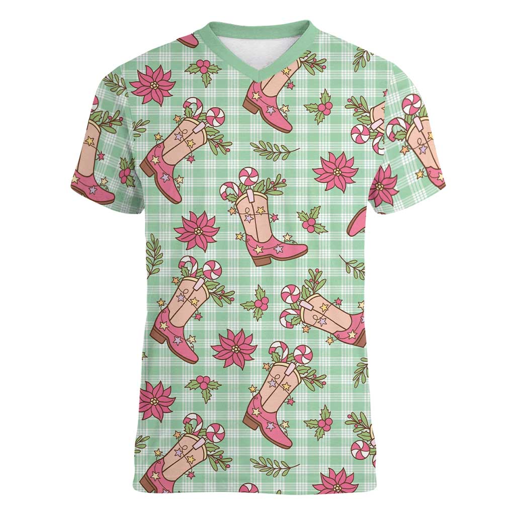 Green Paniolo Palaka Hawaiian Cowgirl Christmas Women V-Neck T-Shirt - Polynesian Pride