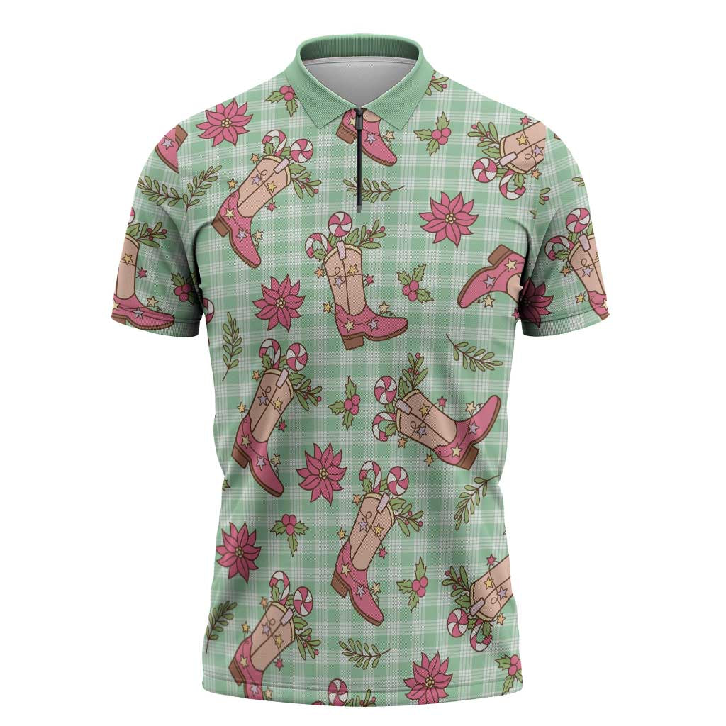 Green Paniolo Palaka Hawaiian Cowgirl Christmas Zipper Polo Shirt - Polynesian Pride