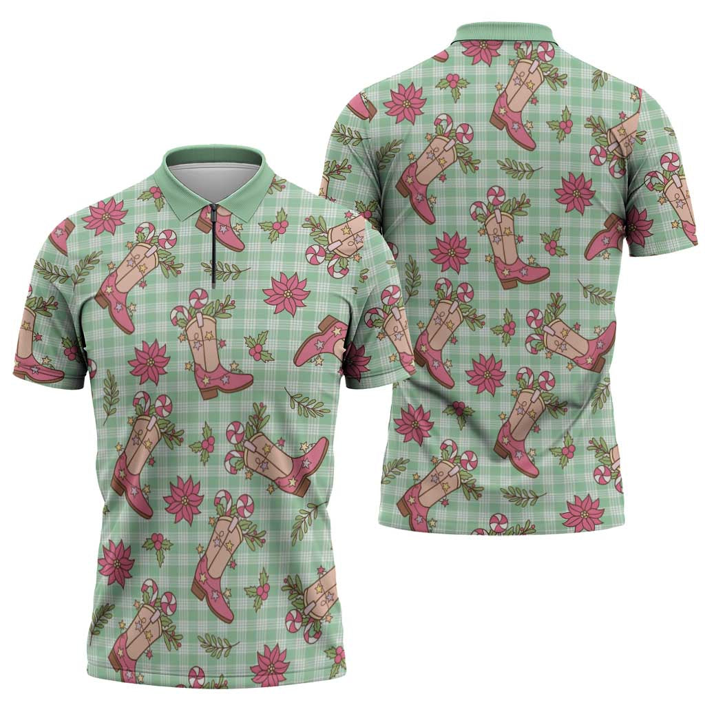 Green Paniolo Palaka Hawaiian Cowgirl Christmas Zipper Polo Shirt - Polynesian Pride