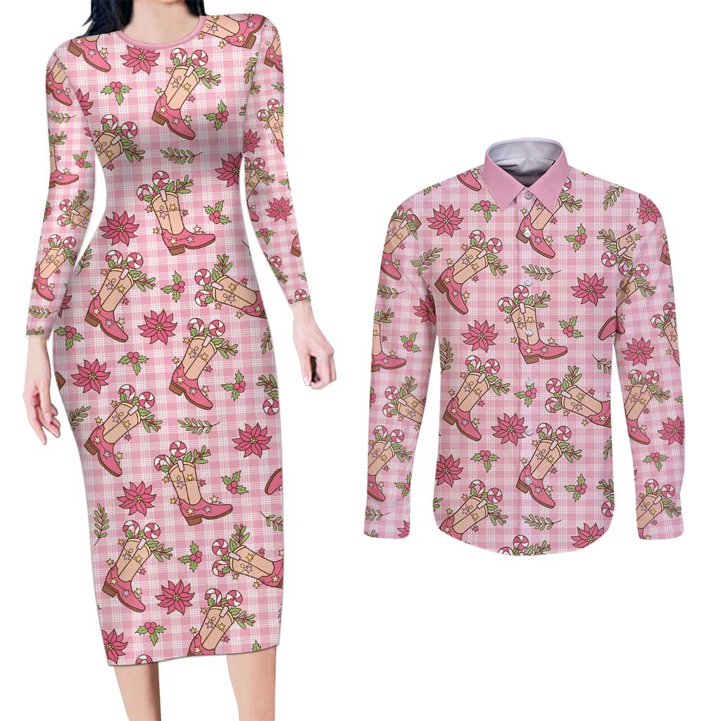 Pink Paniolo Palaka Hawaiian Cowgirl Christmas Couples Matching Long Sleeve Bodycon Dress and Long Sleeve Button Shirt - Polynesian Pride