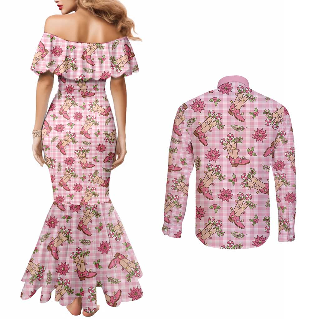 Pink Paniolo Palaka Hawaiian Cowgirl Christmas Couples Matching Mermaid Dress and Long Sleeve Button Shirt LT9 - Polynesian Pride