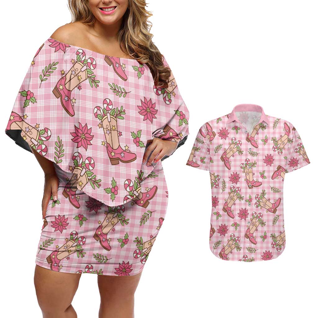 Pink Paniolo Palaka Hawaiian Cowgirl Christmas Couples Matching Off Shoulder Short Dress and Hawaiian Shirt LT9 Pink - Polynesian Pride