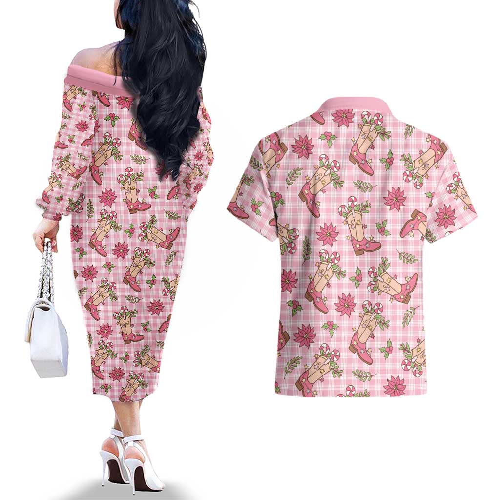 Pink Paniolo Palaka Hawaiian Cowgirl Christmas Couples Matching Off The Shoulder Long Sleeve Dress and Hawaiian Shirt LT9 - Polynesian Pride