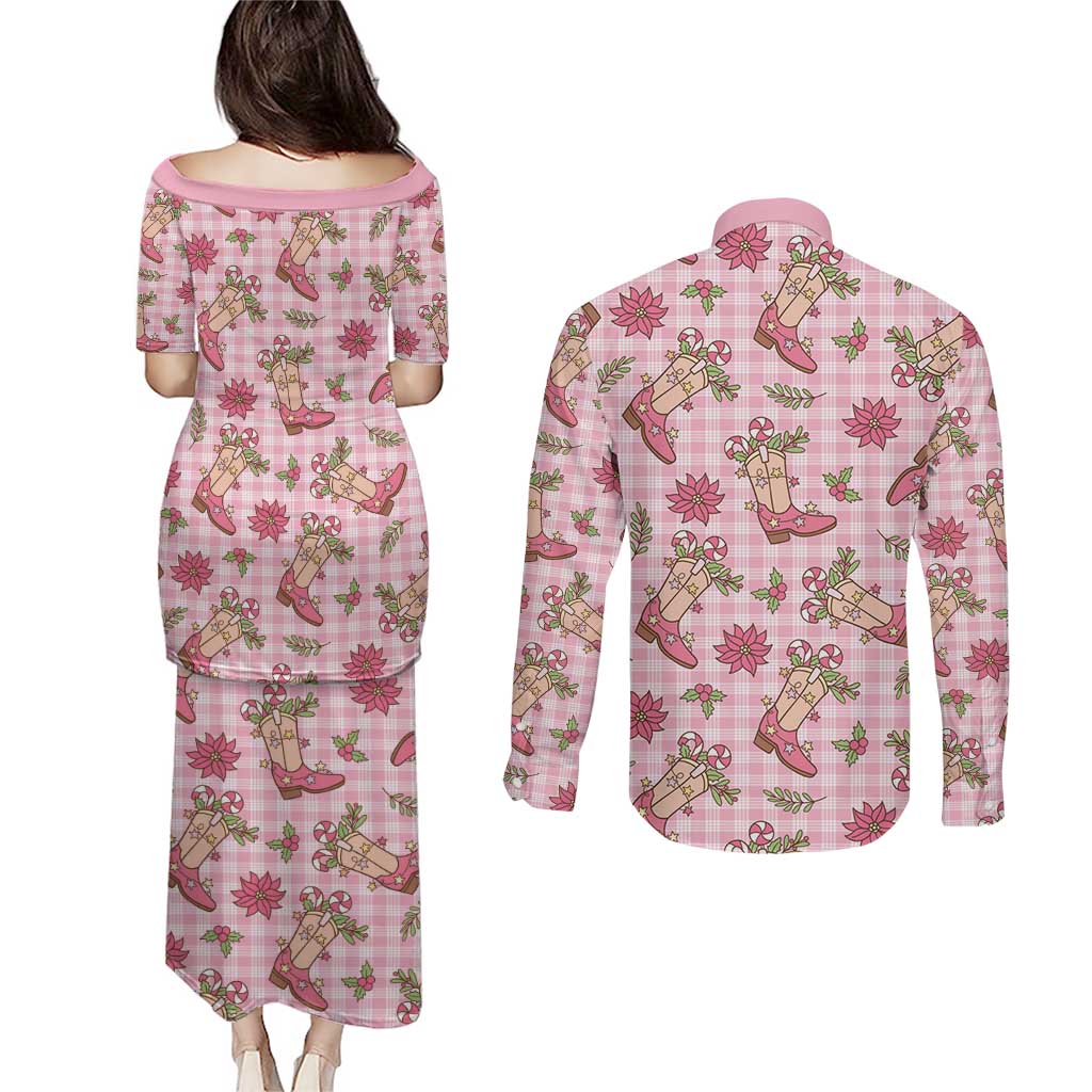 Pink Paniolo Palaka Hawaiian Cowgirl Christmas Couples Matching Puletasi and Long Sleeve Button Shirt - Polynesian Pride