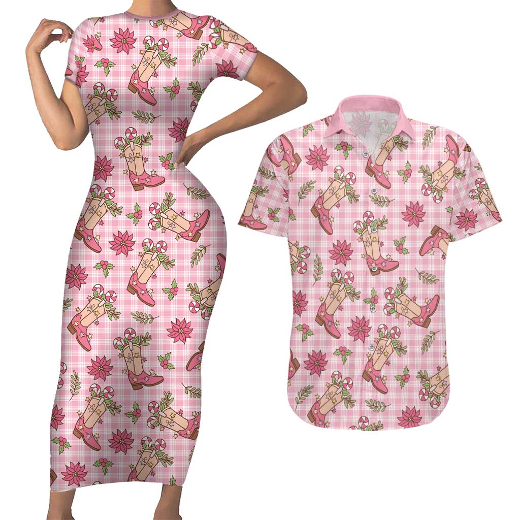 Pink Paniolo Palaka Hawaiian Cowgirl Christmas Couples Matching Short Sleeve Bodycon Dress and Hawaiian Shirt LT9 Pink - Polynesian Pride